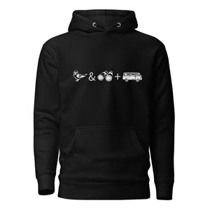 Black unisex birding hoodie with graphics of binoculars, birds and a van.