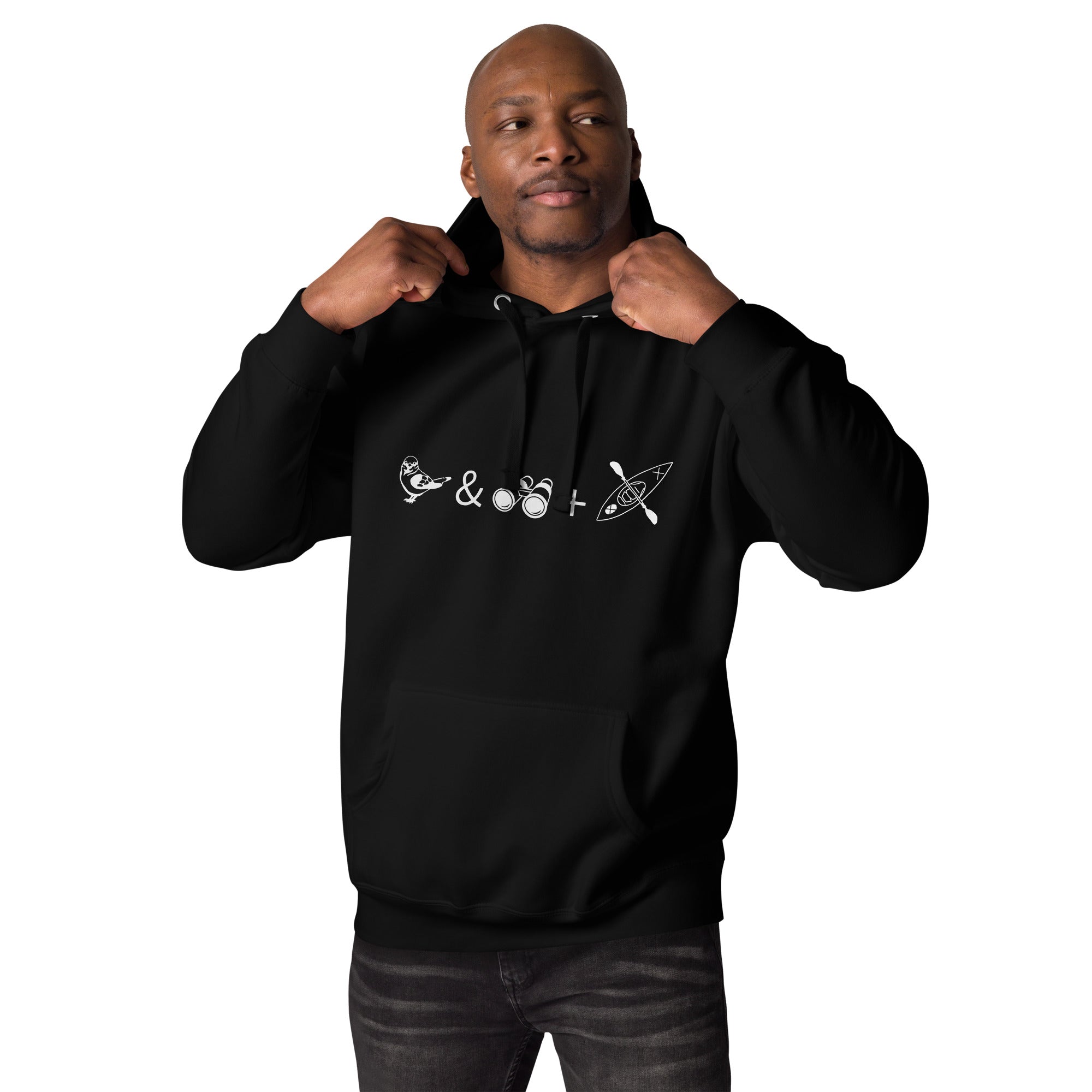 Unisex black birding hoodie celebrating bird watching and kayaking with a graphic of binoculars, a bird, and a kayak.