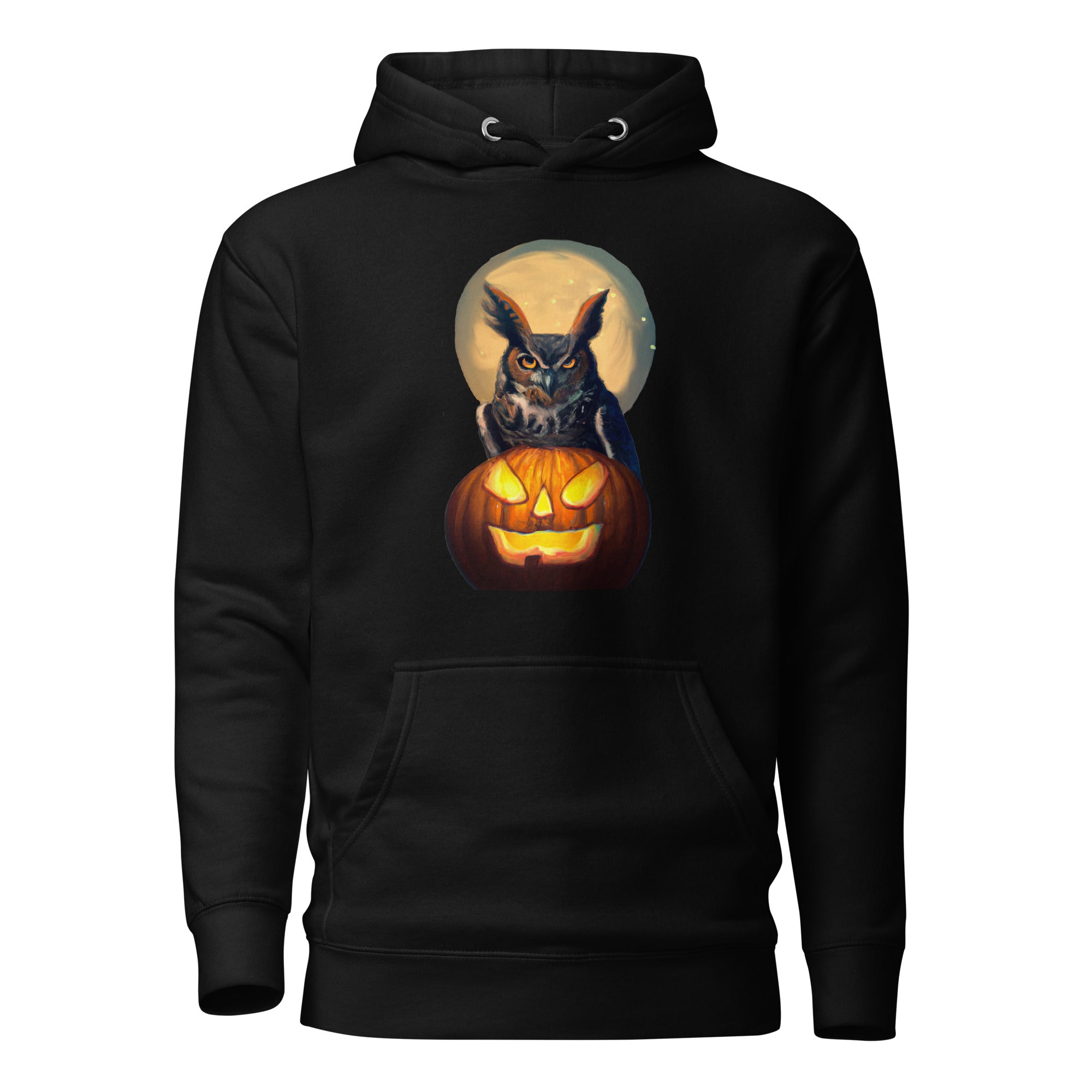 Black unisex bird hoodie with a picture of a great horned owl sitting on a carved pumpkin in front of a full moon on the front.