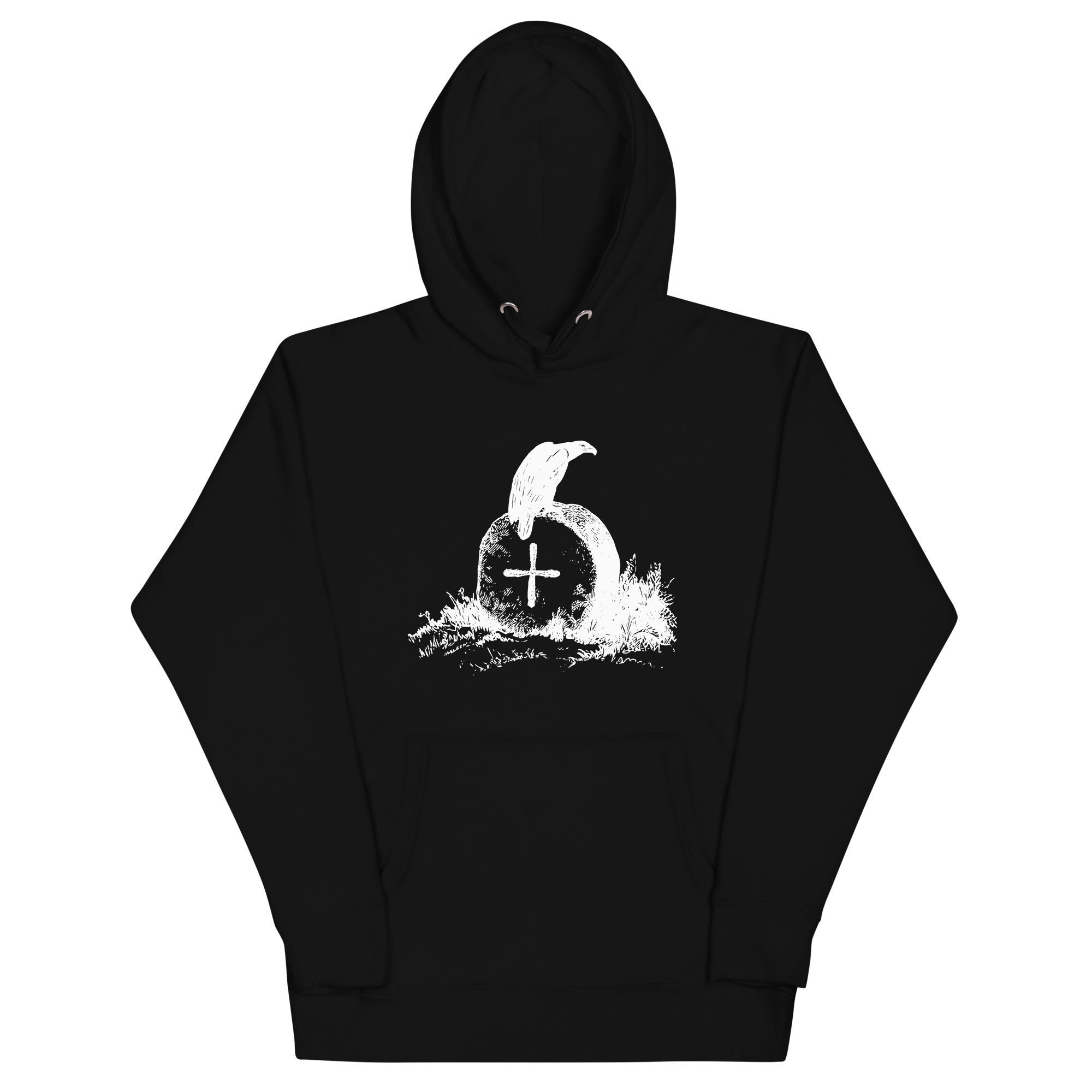 Black unisex bird hoodie with a picture of raven sitting on top of an unmarked grave.