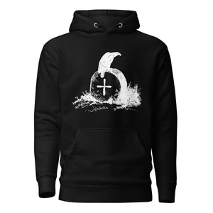 Black unisex bird hoodie with a picture of raven sitting on top of an unmarked grave.