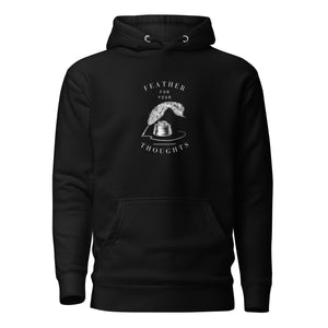 Black unisex hoodie with a quill and an ink pot and the words, "Feather for your Thoughts."