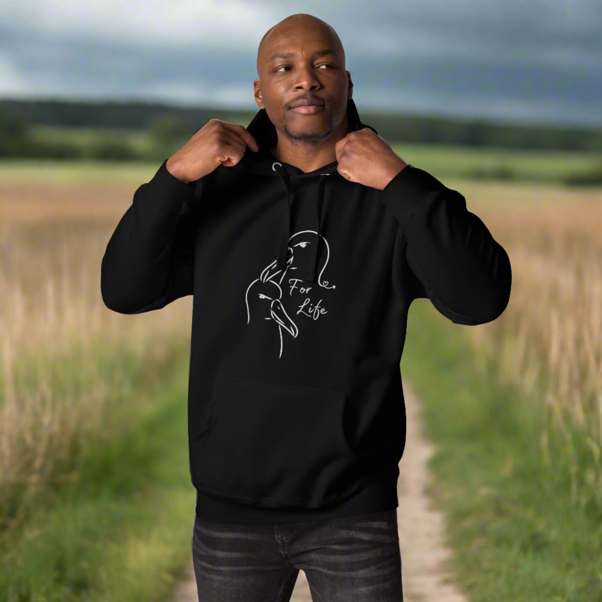 Black unisex bird hoodie featuring a line drawing of two Albatross heads and the words "For Life" on the front.