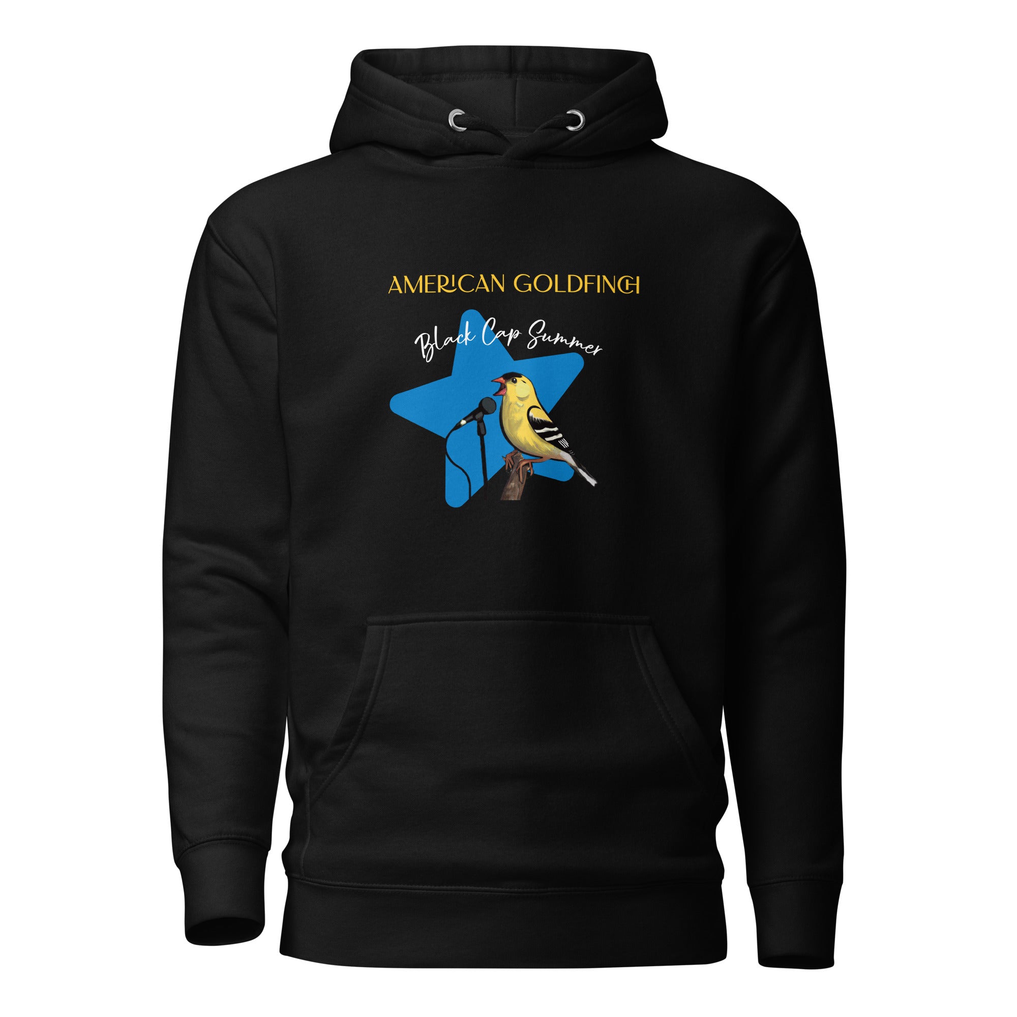 Black unisex bird hoodie featuring an American goldfinch singing into a microphone with a list of dates and cities on the back where the american goldfinch is commonly seen.