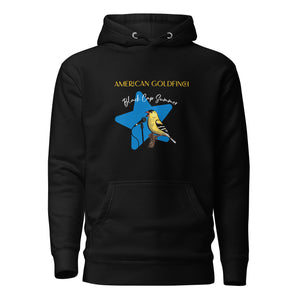 Black unisex bird hoodie featuring an American goldfinch singing into a microphone with a list of dates and cities on the back where the american goldfinch is commonly seen.