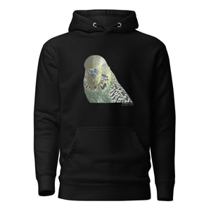 Black unisex bird hoodie with an illustrated and lifelike graphic of a green and yellow parakeet or budgie on the front. Below and to the right of the picture is the word Budgerigar and below that the scientific name in parenthesis in small print.