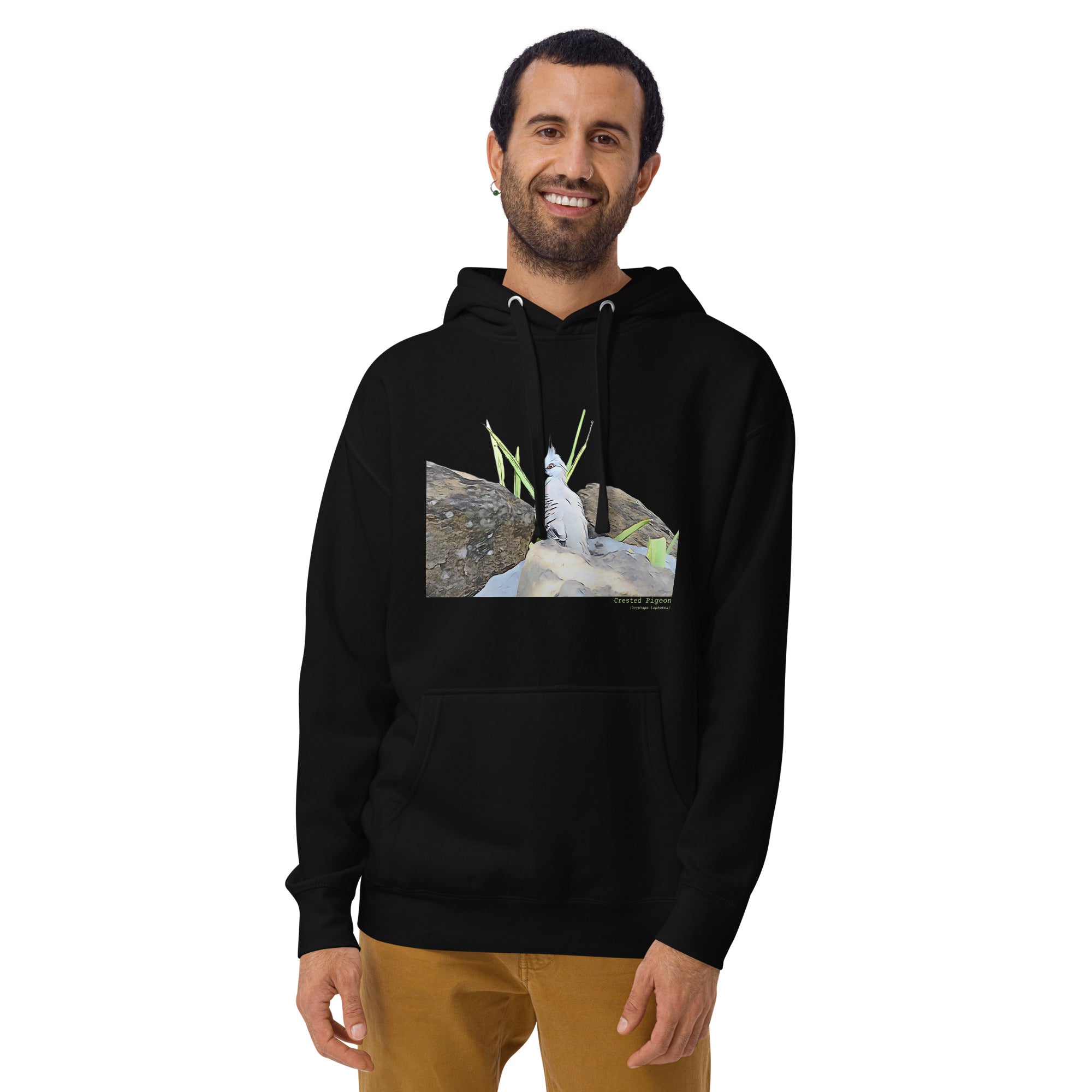 Black premium hooded bird sweatshirt with a lifelike illustration of a crested pigeon among some rocks and grass. The name of the pigeon is below the picture, with the scientific name included.