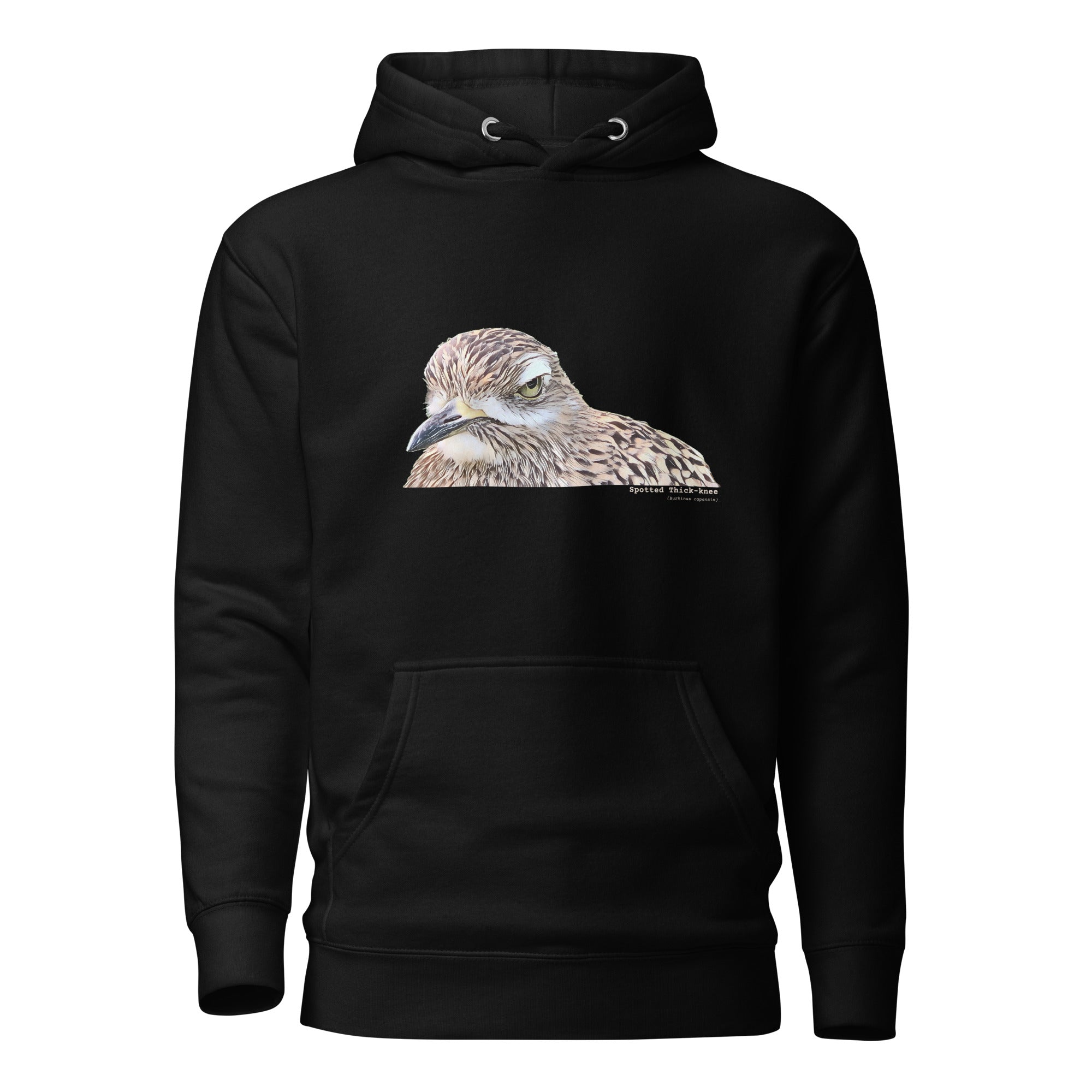 Black unisex bird hoodie with an illustrated picture of a spotted thick-knee bird looking grumpy. The words spotted thick-knee are written below the illustration, including the scientific name.