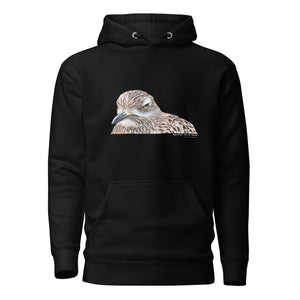 Black unisex bird hoodie with an illustrated picture of a spotted thick-knee bird looking grumpy. The words spotted thick-knee are written below the illustration, including the scientific name.