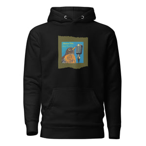 Black unisex bird hoodie featuring an illustration of an American Robin and a microphone and the words American Robin, Spring Fling Tour.