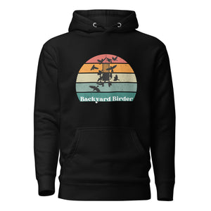 Black bird hoodie with a retro sun design outlining a bird feeder with the words Backyard Birder.