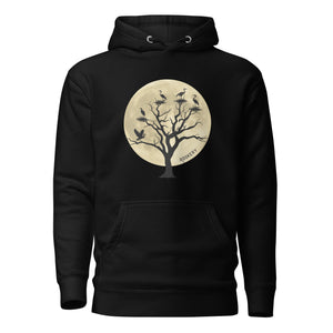 Black bird hoodie with a full moon outlining a heron rookery.  