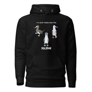 Black birder hoodie with a red-footed, blue-footed and brown booby on it, but referencing only the scientific family name for the bird.