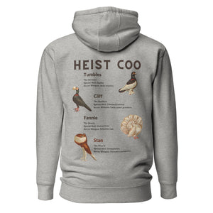 Grey bird hoodie featuring a posse of show pigeons and describing their specific set of skills on the back of the shirt.