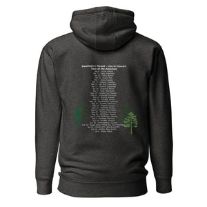 Dark heather gray unisex bird hoodie mimicking a concert hoodie with the words "Swainson's Thrush" and below that, "Tour of the Americas" and below that an illustrated Swainson's thrush singing into a microphone. Back of hoodie, (shown) has "concert dates" and cities where this bird can be heard.