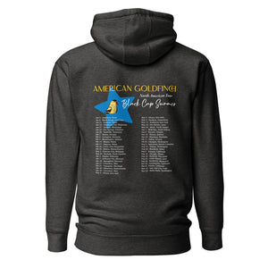 Dark heather gray unisex bird hoodie featuring an American goldfinch singing into a microphone with a list of dates and cities on the back where the american goldfinch is commonly seen. Rear view shown.