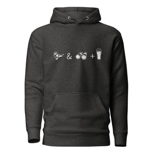 Unisex dark heather grey hooded bird sweatshirt celebrating bird watching and beer with a graphic of binoculars, a bird, and a glass of beer.