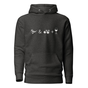 Unisex dark heather hooded bird sweatshirt celebrating bird watching and wine drinking with a graphic of binoculars, a bird, and a glass of wine.