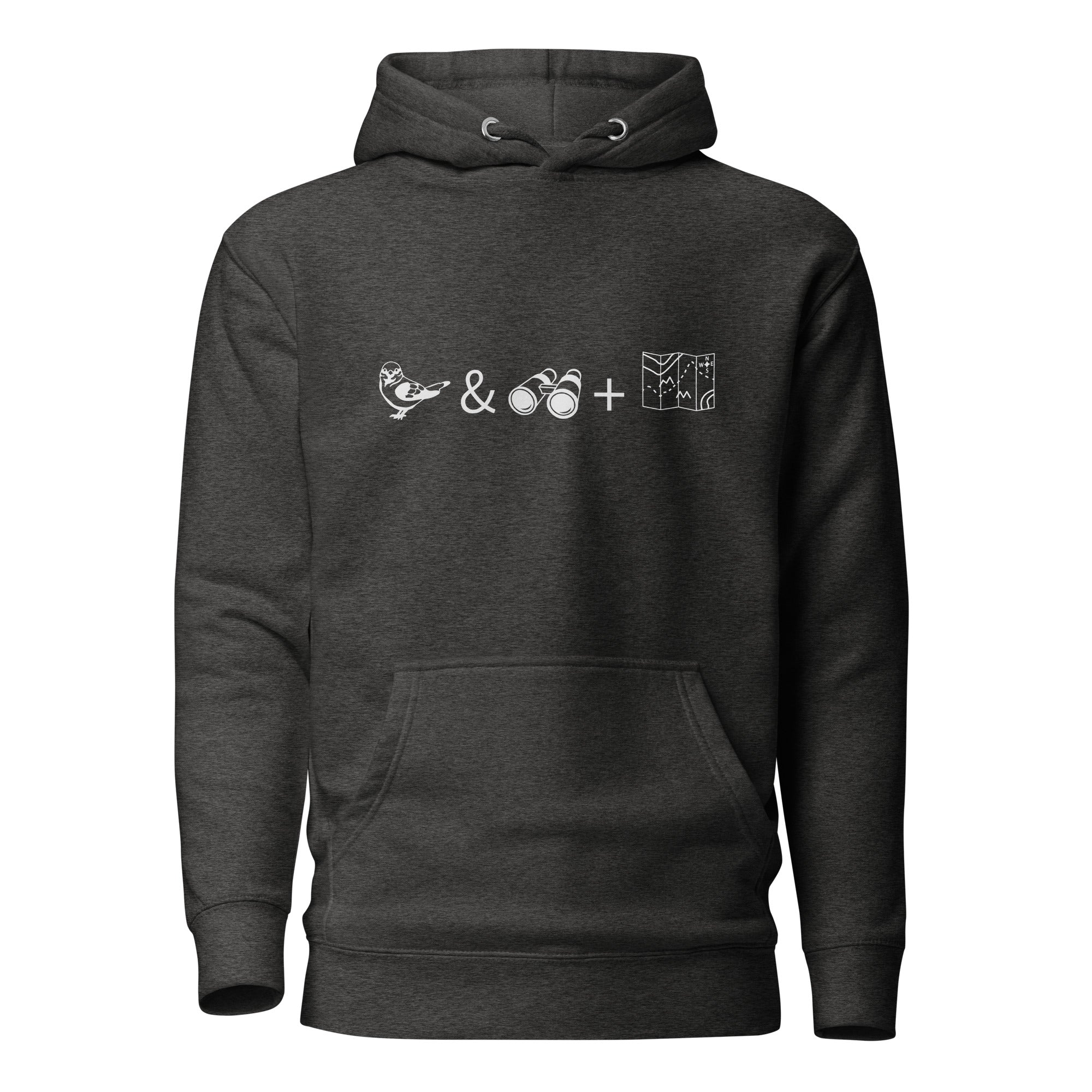 Dark heather grey unisex birding hoodie with a graphic of a bird, binoculars and a map on the front.