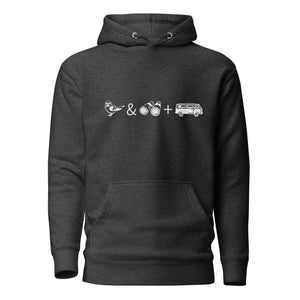 Dark heather grey unisex birding hoodie with graphics of binoculars, birds and a van.