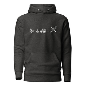 Unisex dark heather grey birding hoodie celebrating bird watching and kayaking with a graphic of binoculars, a bird, and a kayak.