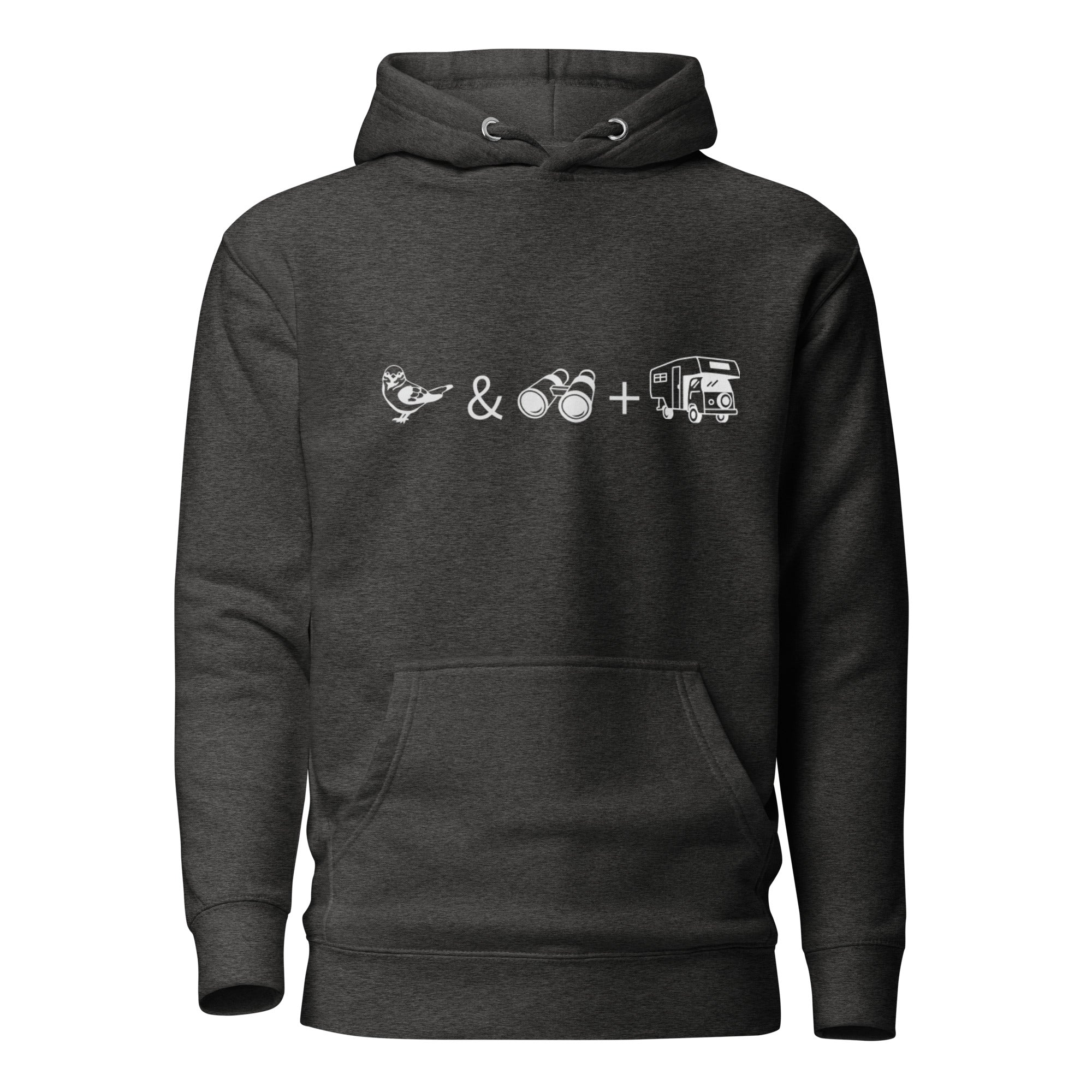 Unisex dark heather grey birding hoodie celebrating bird watching and overlanding with a graphic of binoculars, a bird, and an overlanding vehicle.