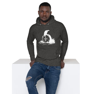 Dark heather grey unisex bird hoodie with a picture of raven sitting on top of an unmarked grave. Worn by a man.