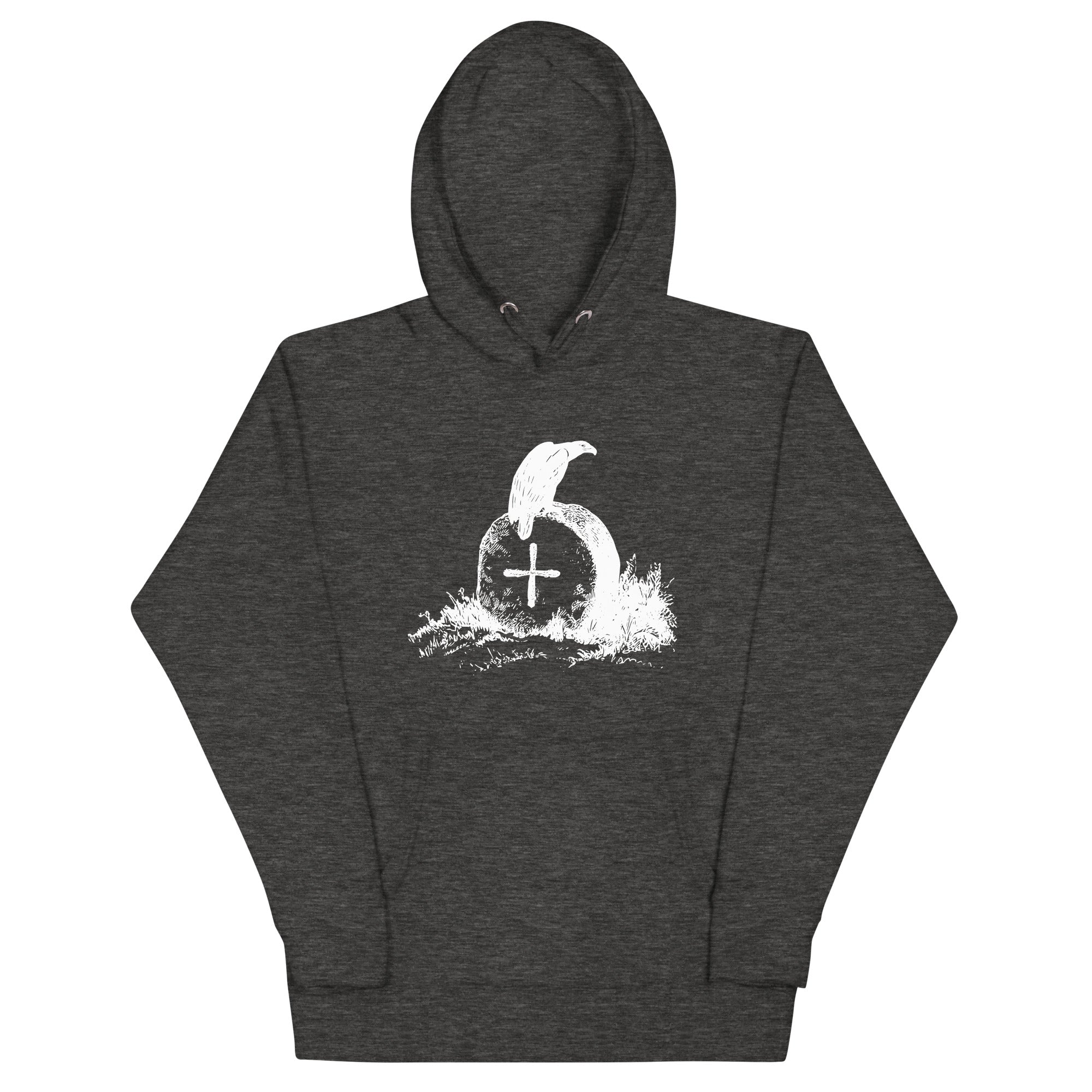 Dark heather grey unisex bird hoodie with a picture of raven sitting on top of an unmarked grave.