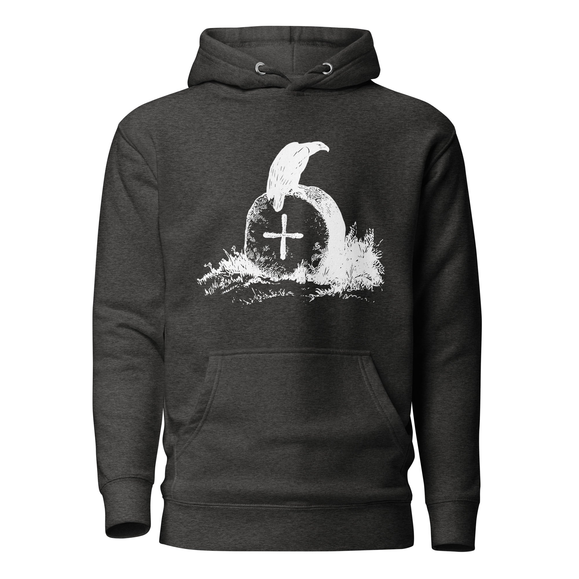 Navy blue unisex bird hoodie with a picture of raven sitting on top of an unmarked grave.