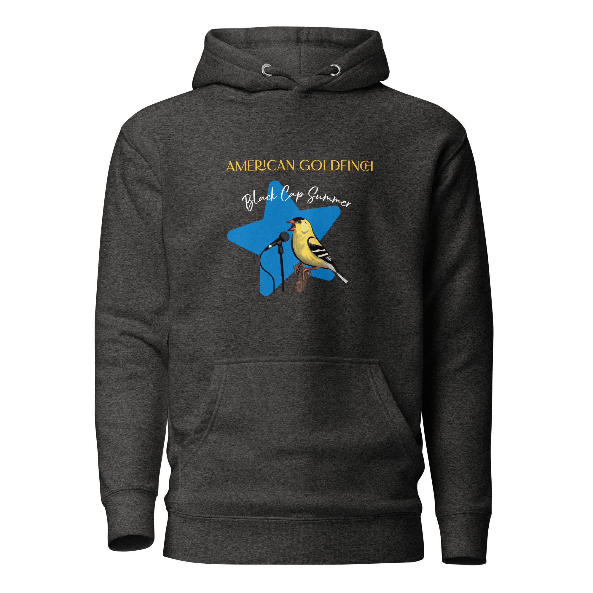 Dark heather gray unisex bird hoodie featuring an American goldfinch singing into a microphone with a list of dates and cities on the back where the american goldfinch is commonly seen.