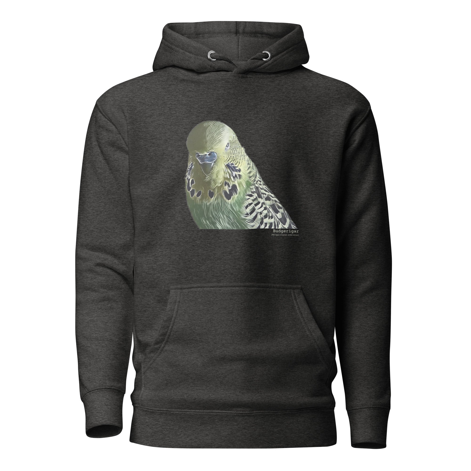 Dark heather gray unisex bird hoodie with an illustrated and lifelike graphic of a green and yellow parakeet or budgie on the front. Below and to the right of the picture is the word Budgerigar and below that the scientific name in parenthesis in small print.