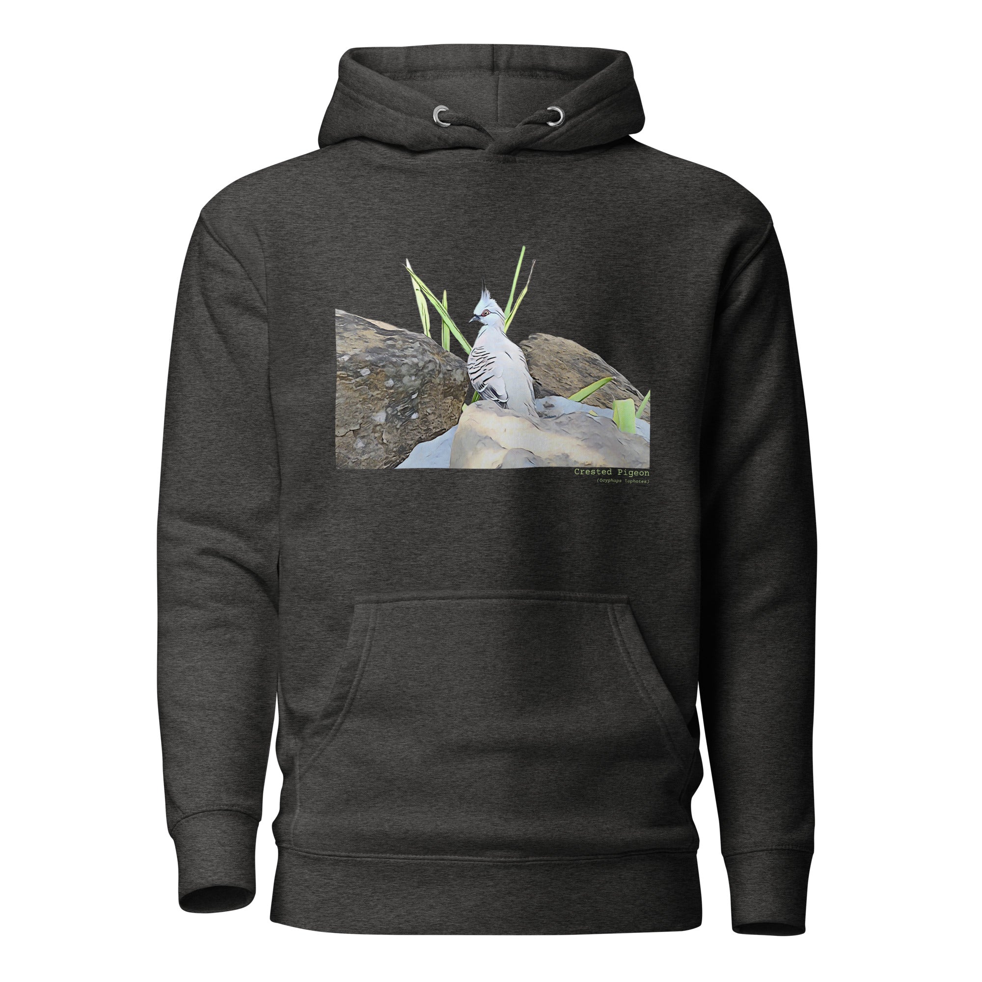 Dark heather gray premium hooded bird sweatshirt with a lifelike illustration of a crested pigeon among some rocks and grass. The name of the pigeon is below the picture, with the scientific name included.