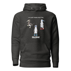 Heather gray birder hoodie with a red-footed, blue-footed and brown booby on it, but referencing only the scientific family name for the bird.