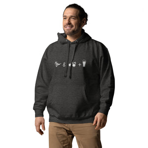 Unisex dark heather grey hooded bird sweatshirt celebrating bird watching and beer with a graphic of binoculars, a bird, and a glass of beer. Worn by a plus size male model.