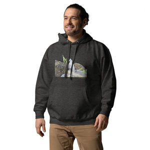 Dark heather gray premium hooded bird sweatshirt with a lifelike illustration of a crested pigeon among some rocks and grass. The name of the pigeon is below the picture, with the scientific name included. Worn by a man.