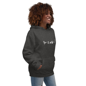 Dark heather grey unisex birding hoodie with a graphic of a bird, binoculars and a map on the front. Worn by a woman.