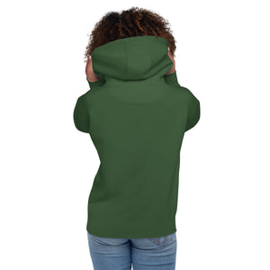 Unisex forest green hooded bird sweatshirt celebrating bird watching and wine drinking with a graphic of binoculars, a bird, and a glass of wine. Rear view, graphics not shown.