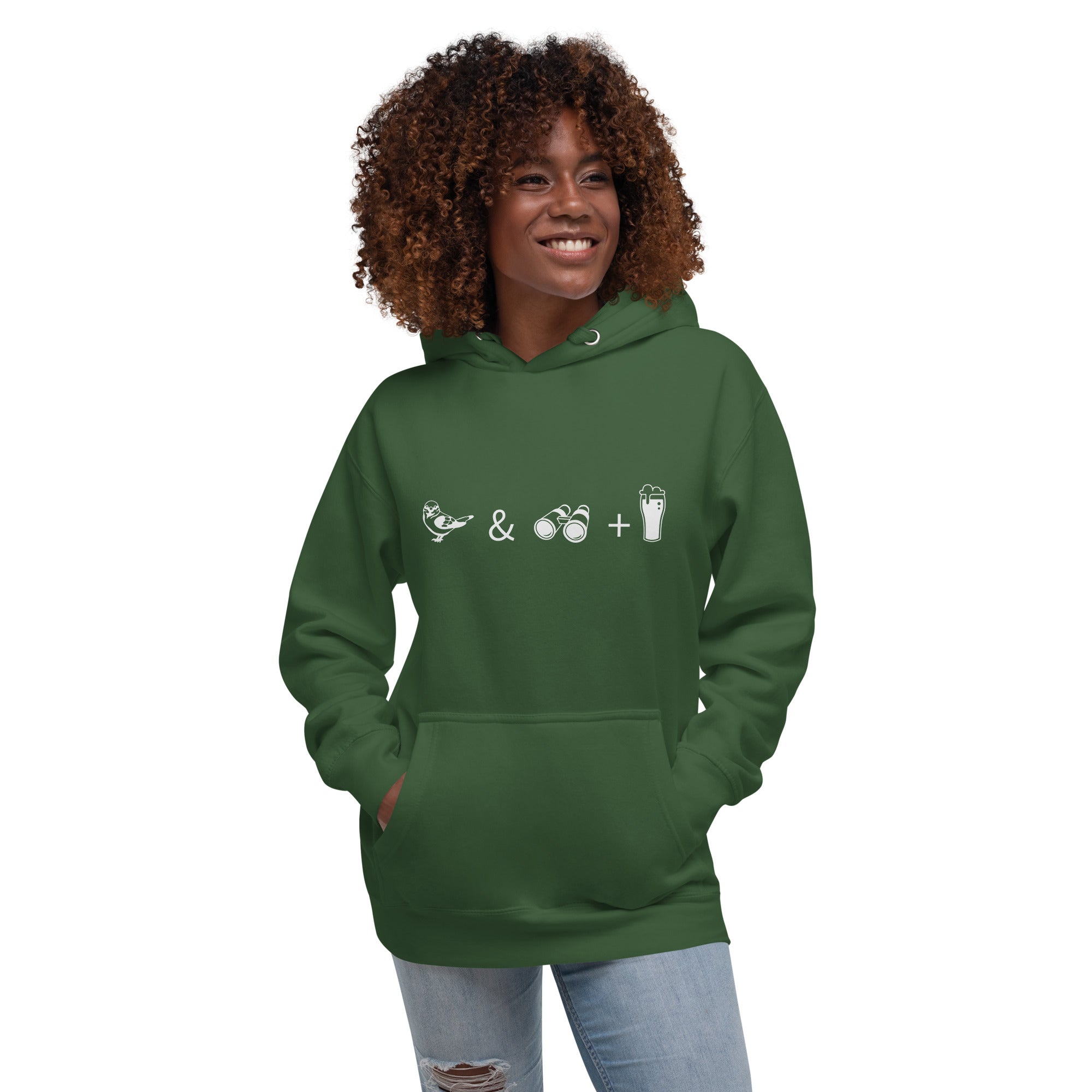 Unisex forest green hooded bird sweatshirt celebrating bird watching and beer with a graphic of binoculars, a bird, and a glass of beer. Worn by a woman.