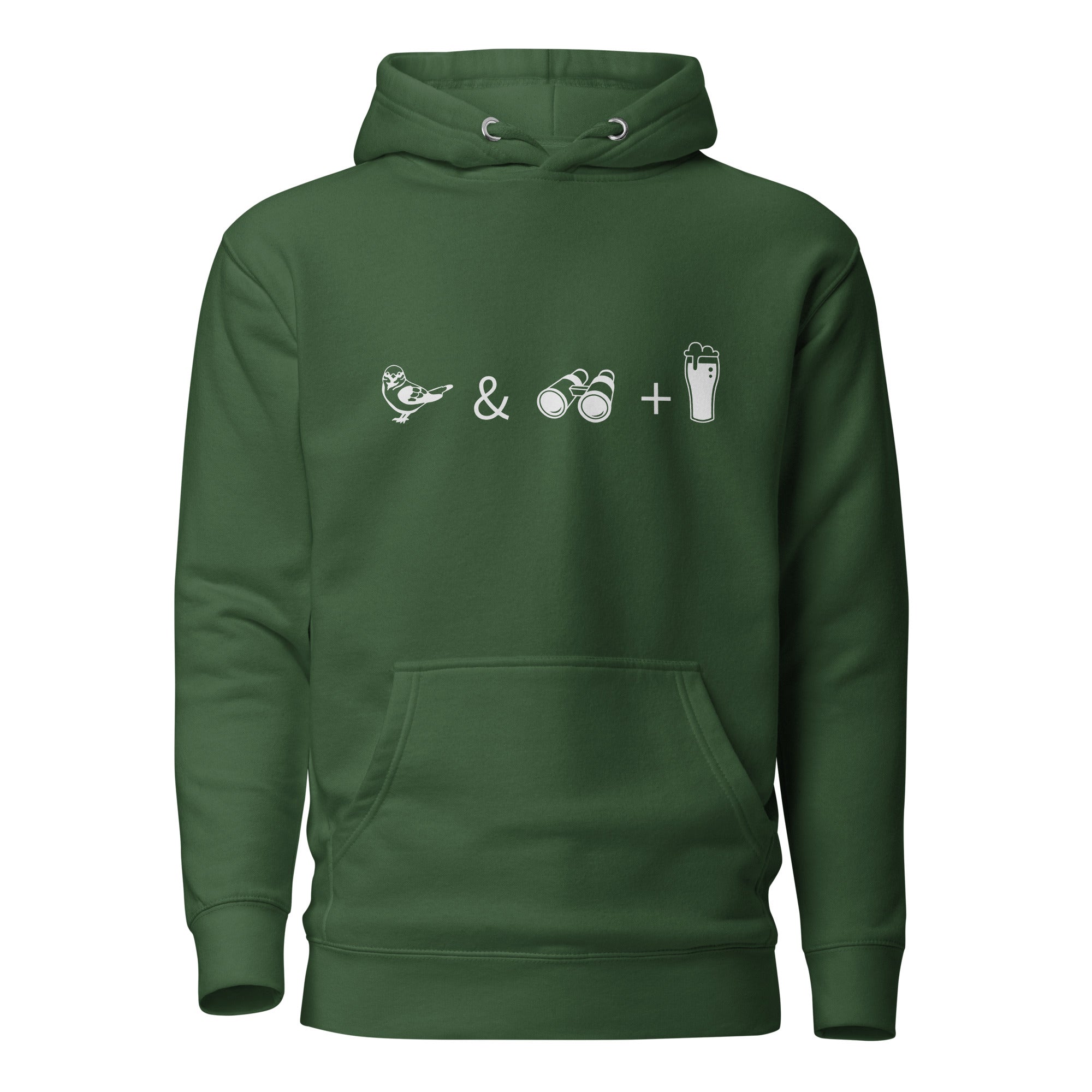 Unisex forest green hooded bird sweatshirt celebrating bird watching and beer with a graphic of binoculars, a bird, and a glass of beer.