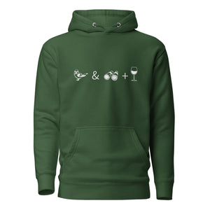 Unisex forest green hooded bird sweatshirt celebrating bird watching and wine drinking with a graphic of binoculars, a bird, and a glass of wine.