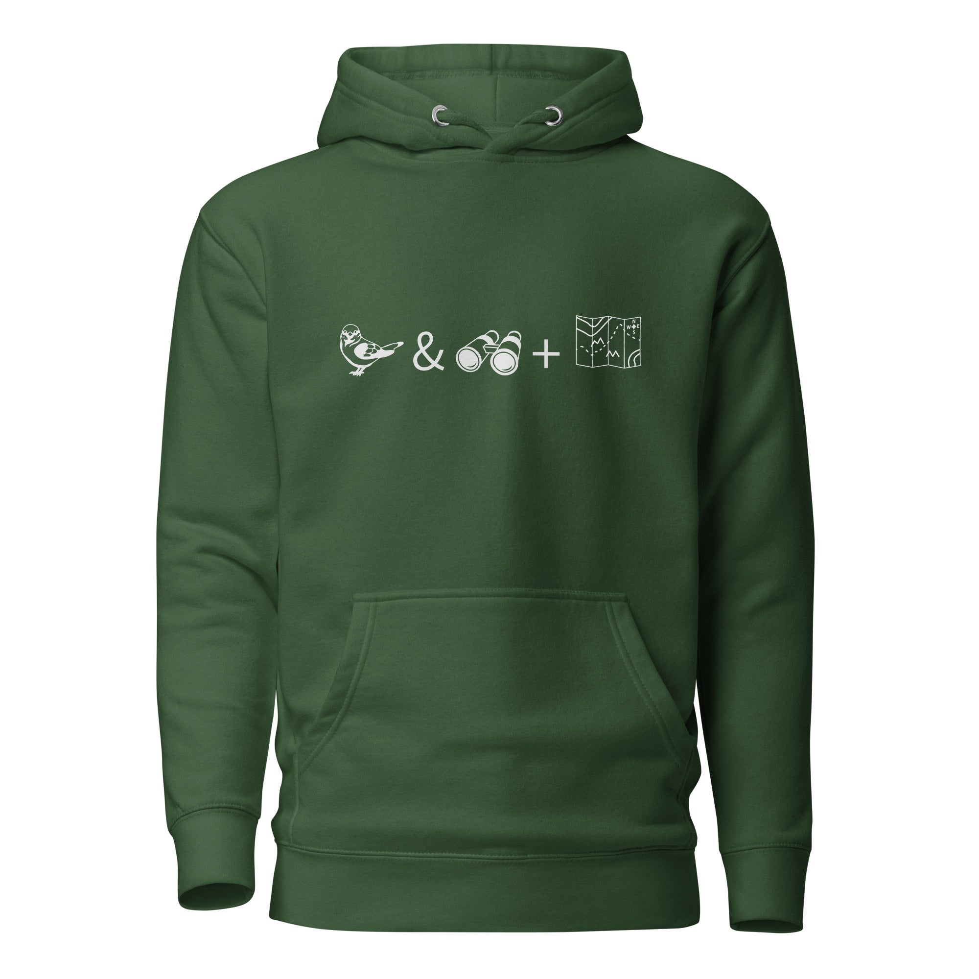 Forest green unisex birding hoodie with a graphic of a bird, binoculars and a map on the front.