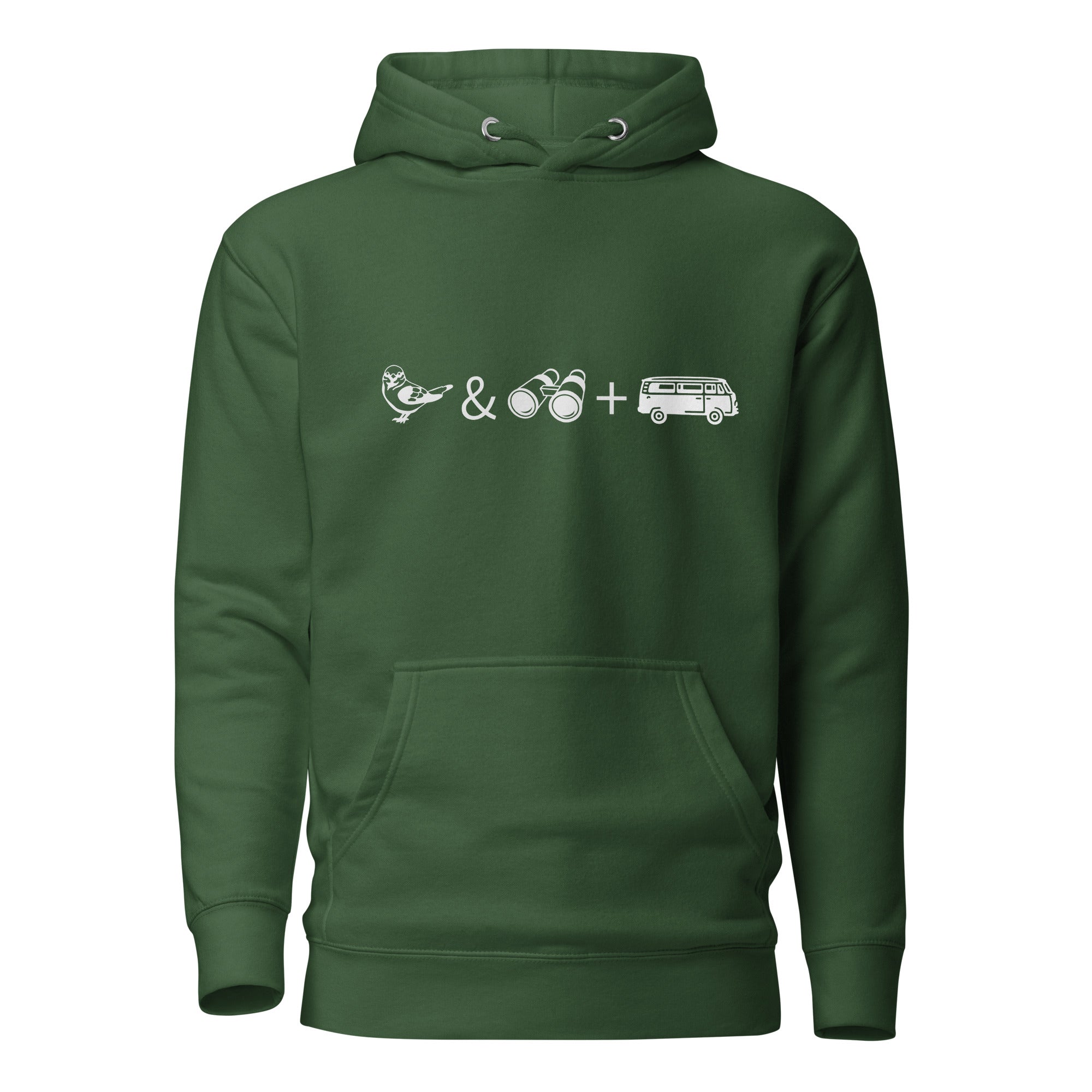 Forest green unisex birding hoodie with graphics of binoculars, birds and a van.