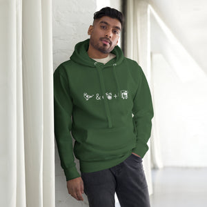 Unisex forest green birding hoodie celebrating bird watching and overlanding with a graphic of binoculars, a bird, and an overlanding vehicle. Worn by a man.