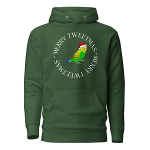 Forest green unisex bird hoodie with a budgie in a santa hat surrounded by the words Merry Tweetmas, separated by to seed sprigs. 