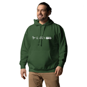 Forest green unisex birding hoodie with graphics of binoculars, birds and a van. Worn by a man.