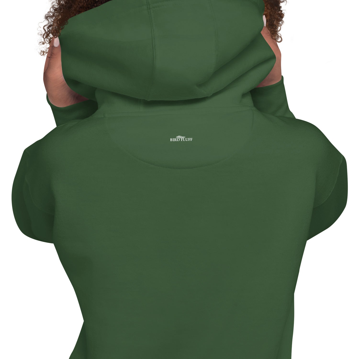 Forest green unisex bird hoodie with three king penguins below the phrase, "It's Good to Be The King." Rear view showing brand logo beneath hood.