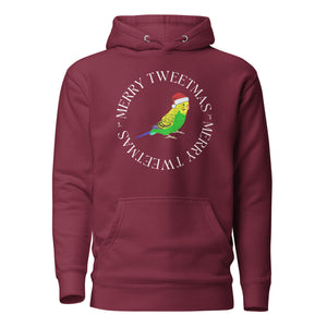 Maroon unisex hoodie with a budgie in a santa hat surrounded by the words Merry Tweetmas, separated by to seed sprigs.