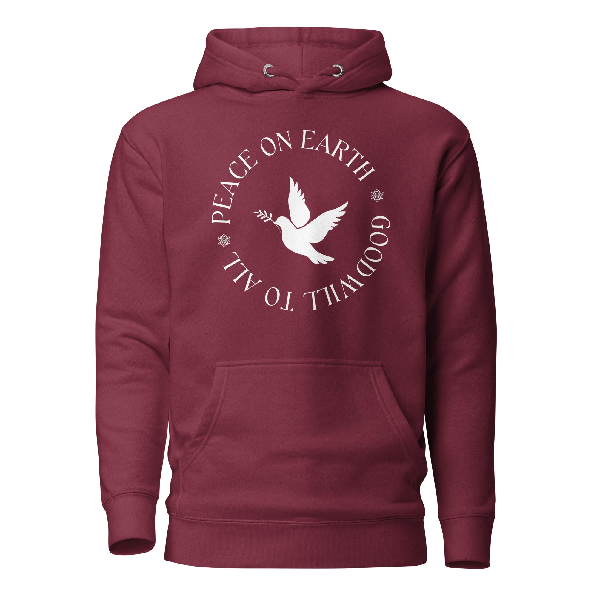 Maroon unisex hoodie that says Peace on Earth Goodwill to All in a circle surrounding a dove of peace.