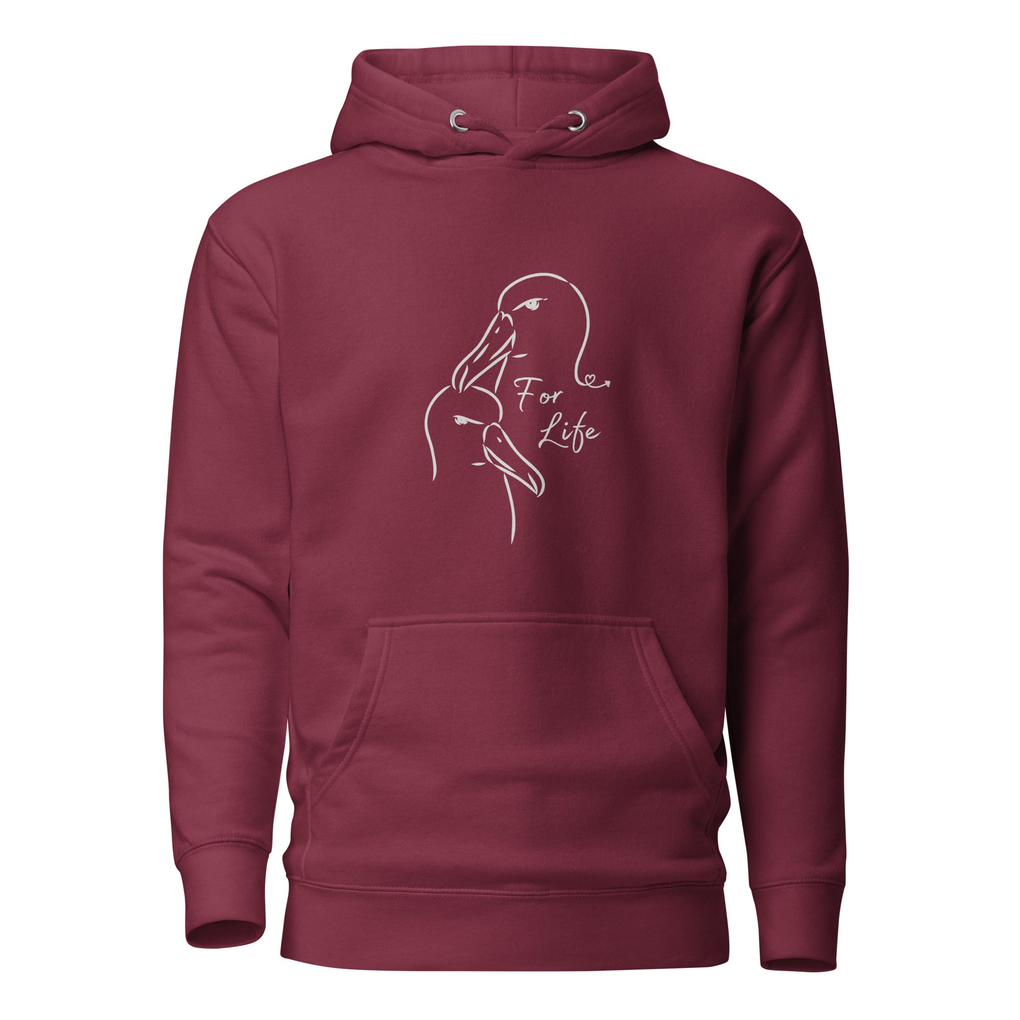 Maroon unisex bird hoodie featuring a line drawing of two Albatross heads and the words "For Life" on the front.