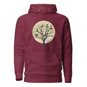 Maroon bird hoodie with a full moon outlining a heron rookery.  